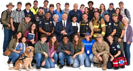Around thirty-five people in three rows — hikers, a referee, a teacher, a nurse, veterans, a pastor, a cook, police officers, a sheriff&rsquo;s deputy, a firefighter, a conservation officer, a soldier, a medic, teenagers, grandparents, a parent and child, and a golden retriever in a service-dog vest.